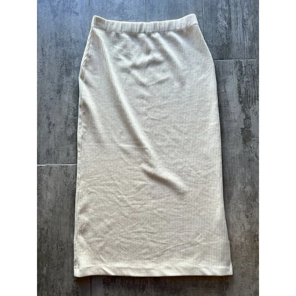 FREE PEOPLE Roxy Ribbed Pencil Midi Skirt Ivory Cream High Waist Designer M